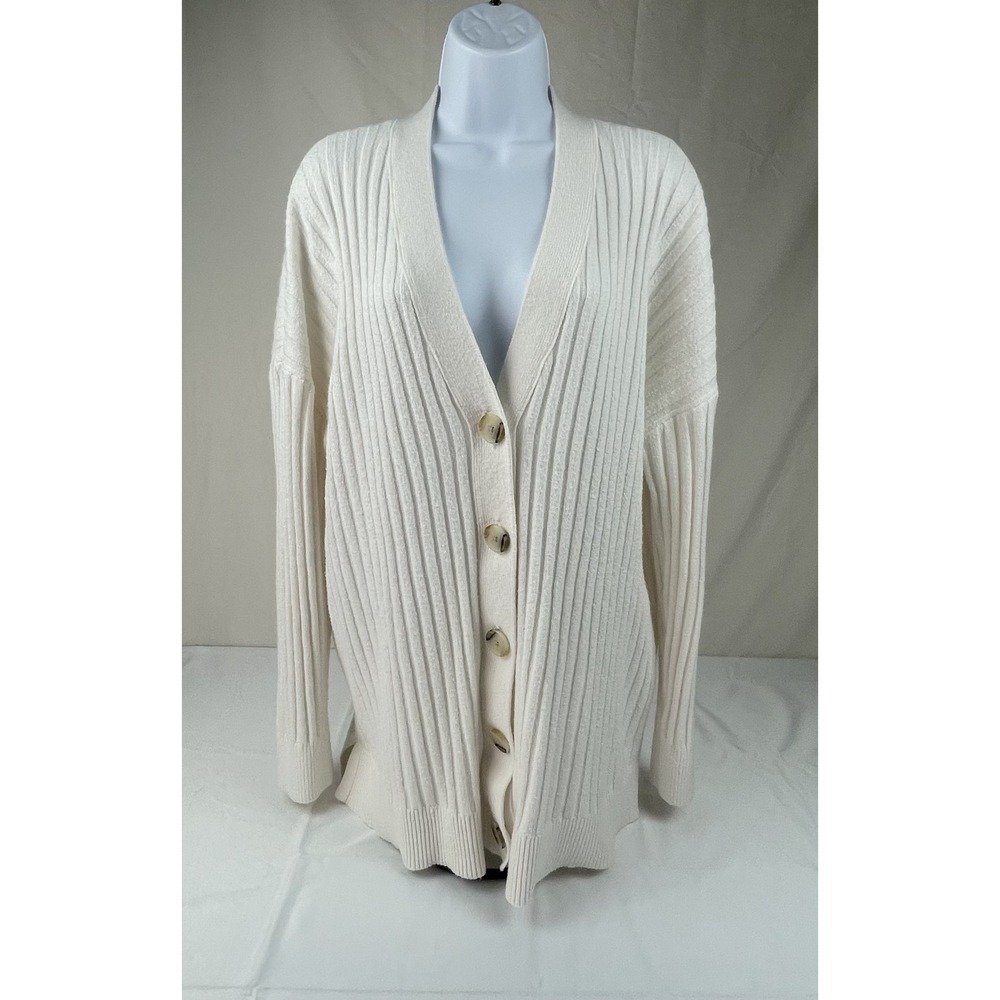 LOFT WOMENS IVORY RIBBED BUTTON FRONT CARDIGAN SWEATER SIZE M SOFT KNIT